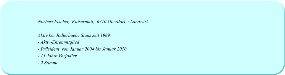 Norbert Fischer,  Kaisermatt,  6370 Oberdorf  / Landwirt  Aktiv bei Jodlerbuebe Stans seit 1989 - Aktiv-Ehrenmitglied - Präsident  von Januar 2004 bis Januar 2010 - 13 Jahre Vorjodler  - 2 Stimme